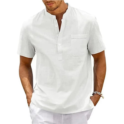 Cotton Linen Shirt Men Henley Neck Pocket Casual Beach Short Sleeve Solid Color Male Tops T-Shirts Vintage Streetwear
