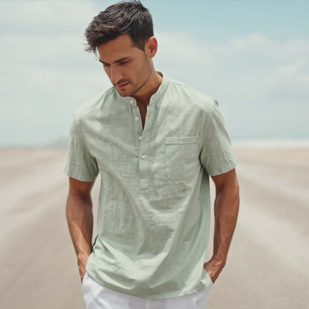 Classic Green Linen Blend Henley Shirt