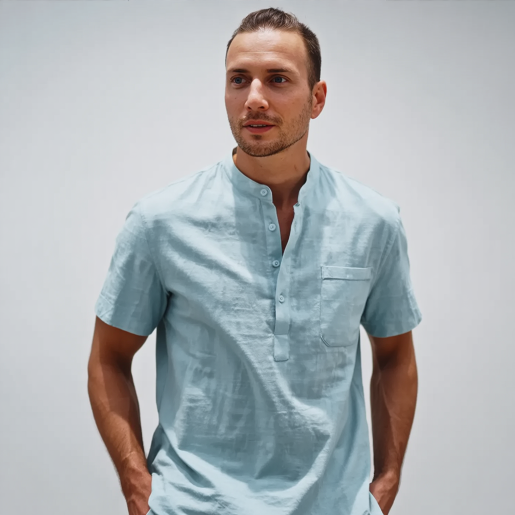 Classic Light Blue Linen Blend Henley Shirt