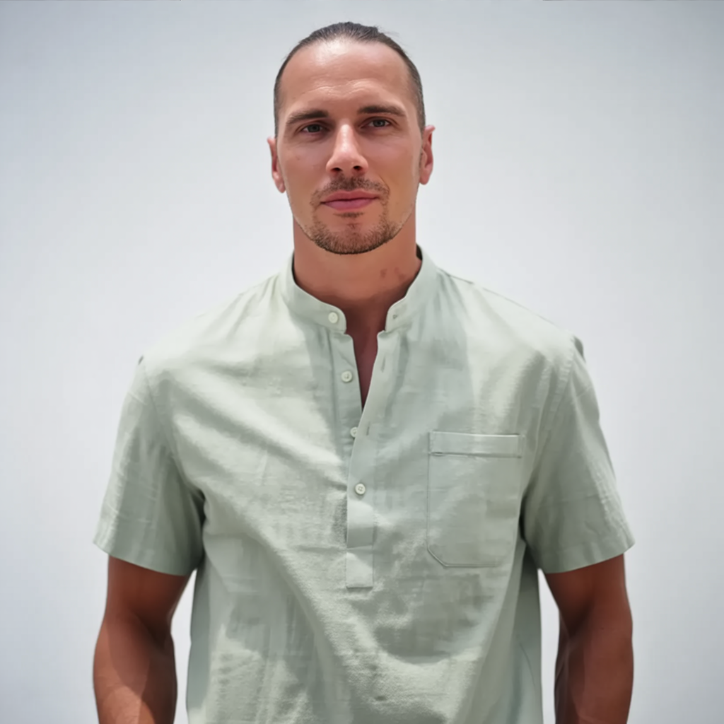 Classic Green Linen Blend Henley Shirt