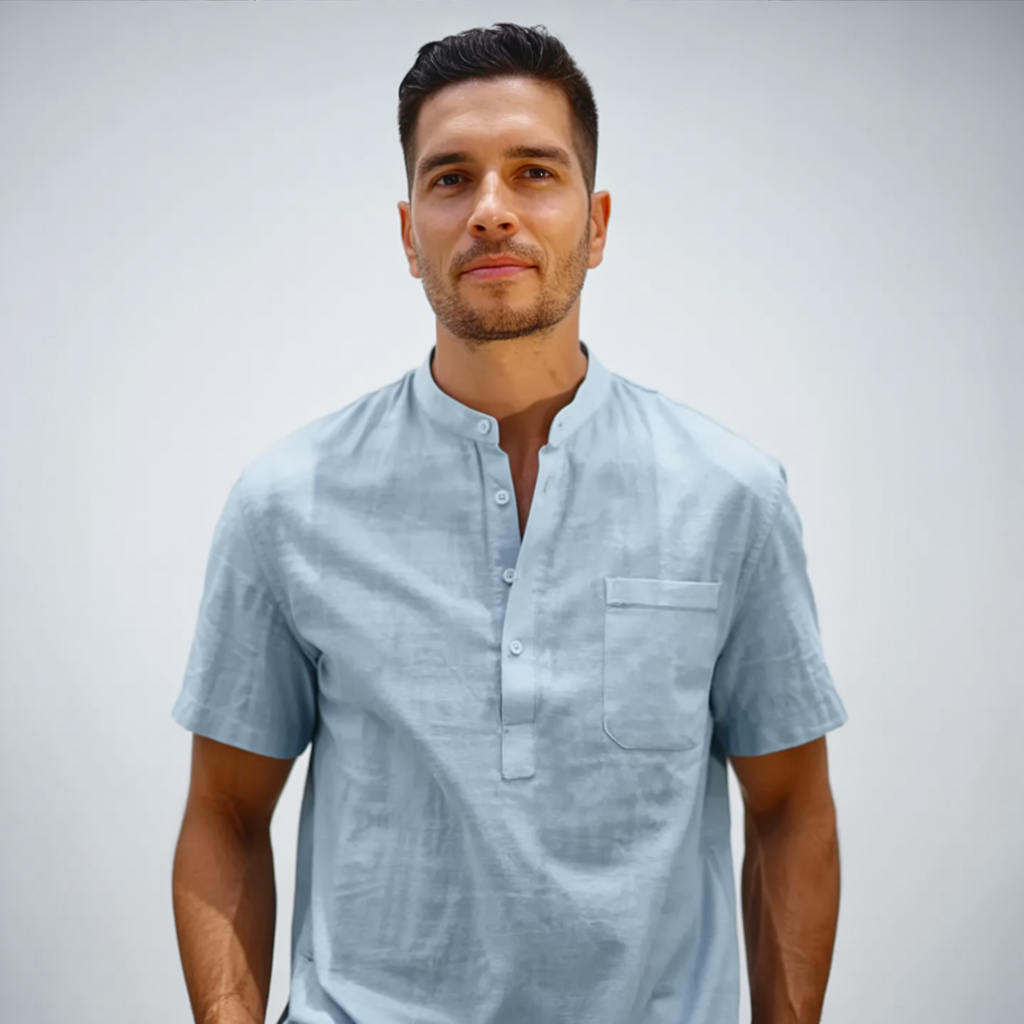 Classic Light Blue Linen Blend Henley Shirt