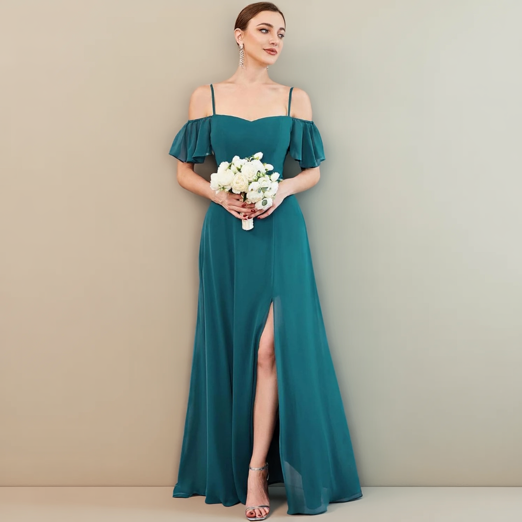 Classic Teal A-Line Bridesmaid Gown with Split Detail