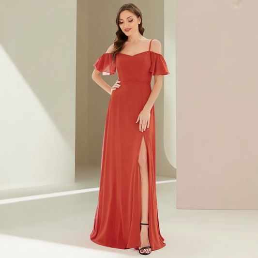 Vynelle Burnt Orange Floor-Length Off-Shoulder Bridesmaid Dress