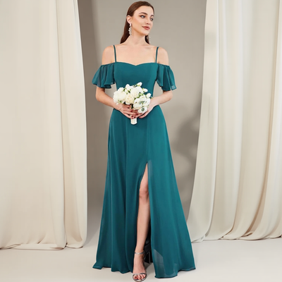 Classic Teal A-Line Bridesmaid Gown with Split Detail