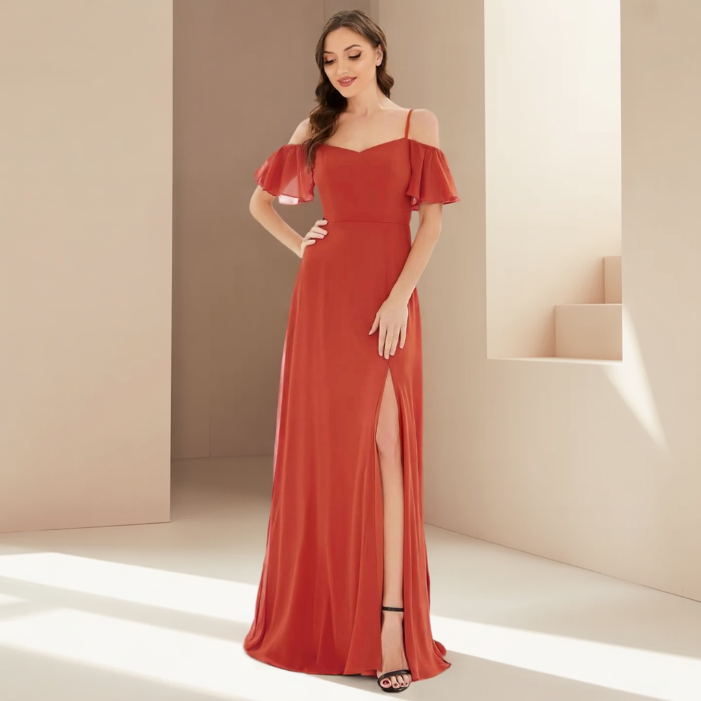 Vynelle Burnt Orange Floor-Length Off-Shoulder Bridesmaid Dress