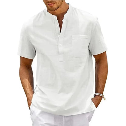 Cotton Linen Shirt Men Henley Neck Pocket Casual Beach Short Sleeve Solid Color Male Tops T-Shirts Vintage Streetwear