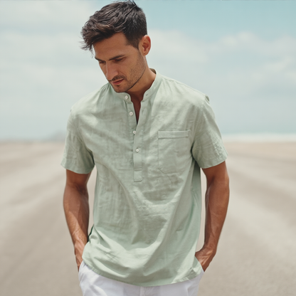 Classic Green Linen Blend Henley Shirt