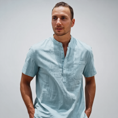 Classic Light Blue Linen Blend Henley Shirt