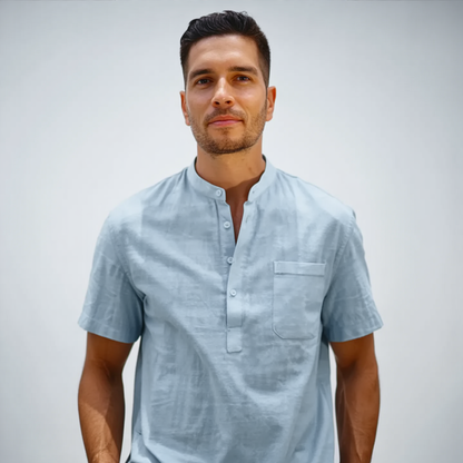 Classic Light Blue Linen Blend Henley Shirt