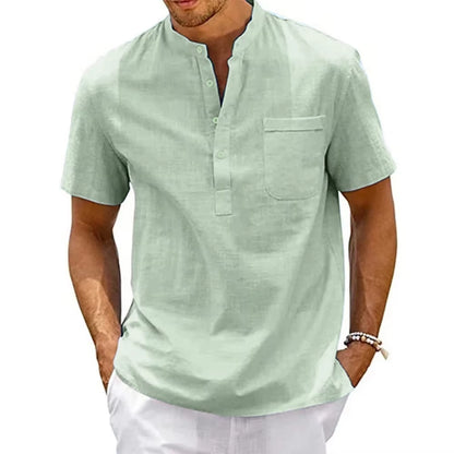 Cotton Linen Shirt Men Henley Neck Pocket Casual Beach Short Sleeve Solid Color Male Tops T-Shirts Vintage Streetwear